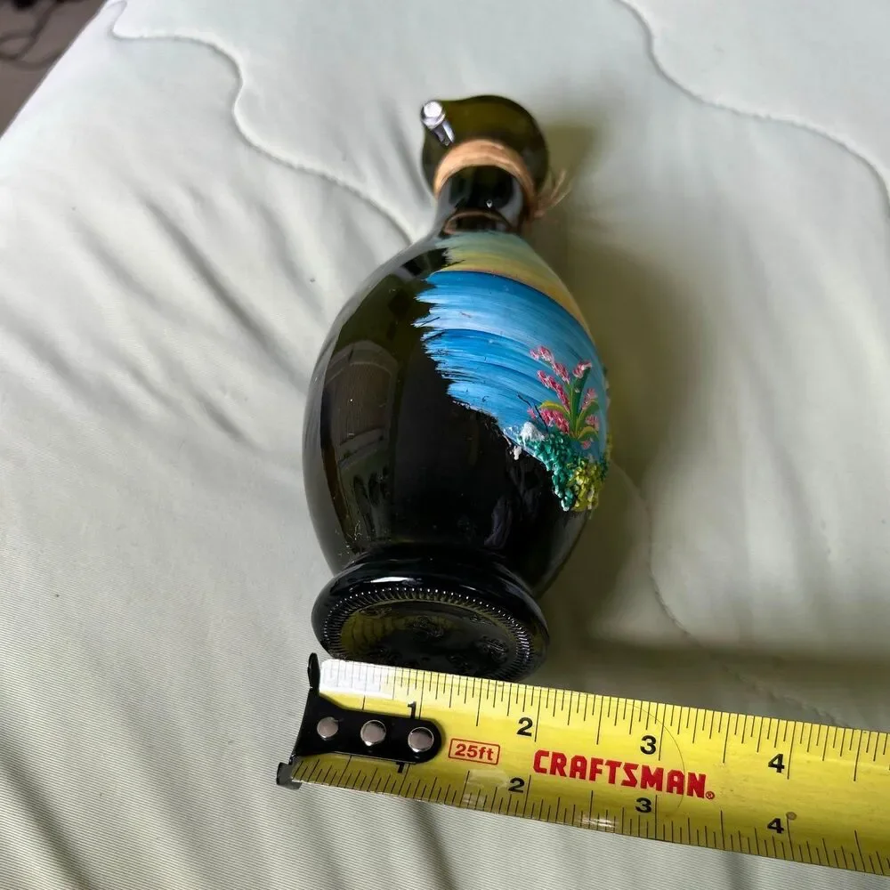 VTG Hand Painted Island Nautical Painted + Textured Glass Bottle Vase W/ Handle